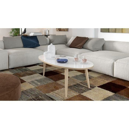 Table basse ovale style scandinave blanc brillant et bois, Narvik