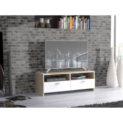 Meuble TV contemporain blanc mat et chêne, 95 cm, Helppo