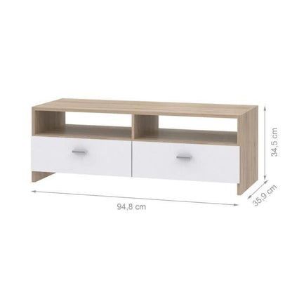 Meuble TV contemporain blanc mat et chêne, 95 cm, Helppo