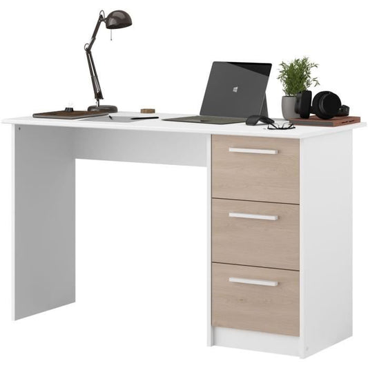 Bureau 3 tiroirs décor chêne et blanc, Essentiel, fabriqué en France, Parisot