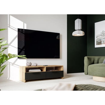 Meuble TV contemporain décor chêne et noir, 2 abattants, 2 niches, 95 cm, Pilvi