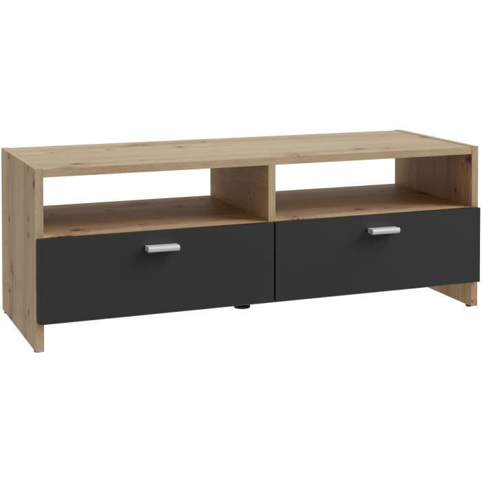 Meuble TV contemporain décor chêne et noir, 2 abattants, 2 niches, 95 cm, Pilvi