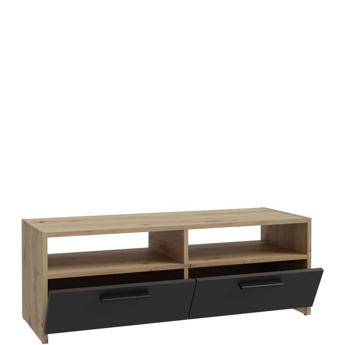 Meuble TV contemporain décor chêne et noir, 2 abattants, 2 niches, 95 cm, Pilvi