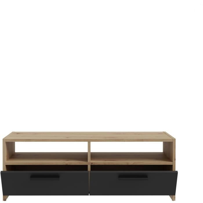 Meuble TV contemporain décor chêne et noir, 2 abattants, 2 niches, 95 cm, Pilvi