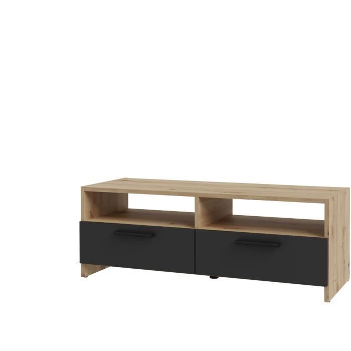 Meuble TV contemporain décor chêne et noir, 2 abattants, 2 niches, 95 cm, Pilvi