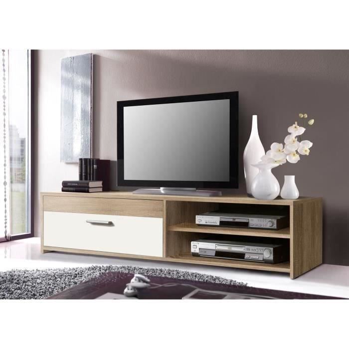 Meuble TV contemporain en mélaminé, décor chêne et blanc, 1 abattant, 2 niches, 120 cm, Pilvi