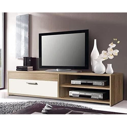 Meuble TV contemporain en mélaminé, décor chêne et blanc, 1 abattant, 2 niches, 120 cm, Pilvi