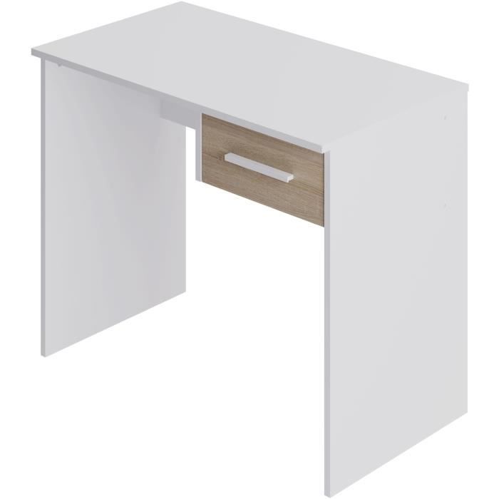 Bureau petit tiroir décor blanc et chêne L90 cm