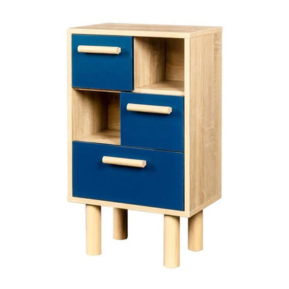 Table de chevet 3 tiroirs, 2 niches, chêne et bleu, style contemporain, Lila