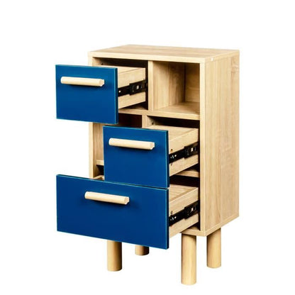 Table de chevet 3 tiroirs, 2 niches, chêne et bleu, style contemporain, Lila