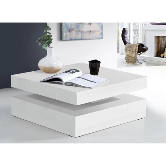 Table basse carrée plateau rotatif, blanc brillant