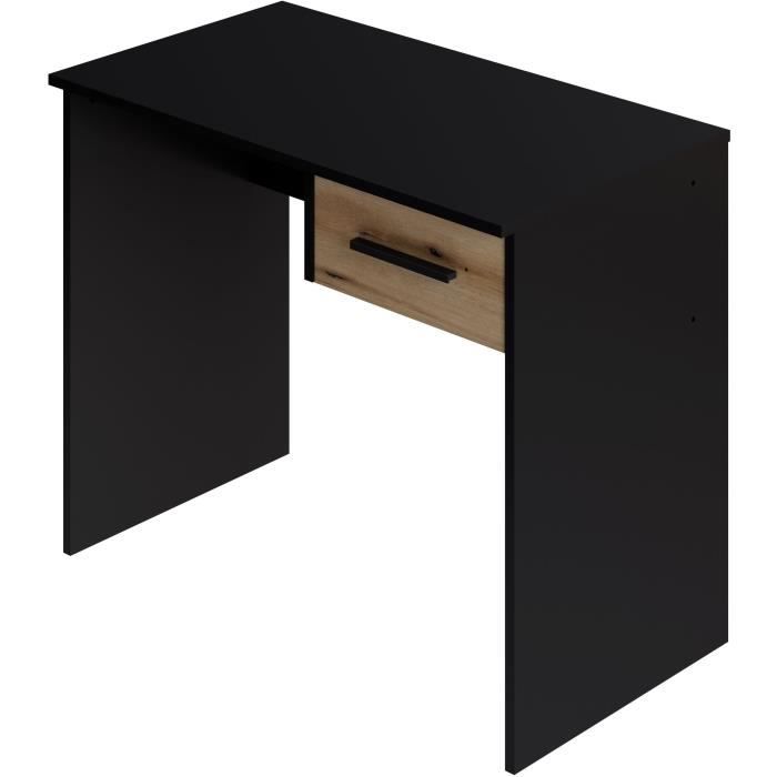 Bureau petit tiroir décor noir et chêne L90 cm