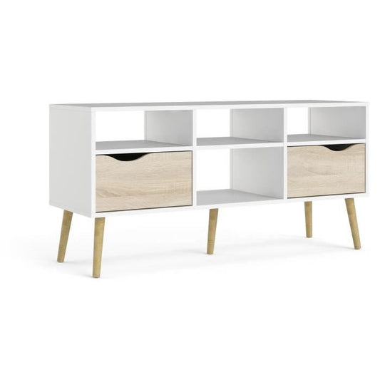 Meuble TV 4 niches, 2 tiroirs, blanc et chêne, 117 cm, Tvilum